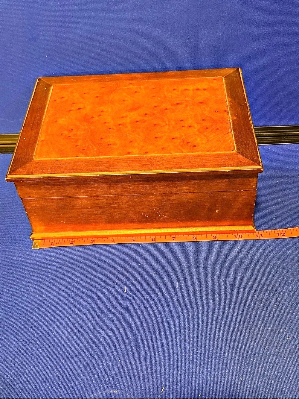 Vintage Wooden Jewelry Box Mirrored Lid Mustard Velvet Necklace Hooks Burl Style